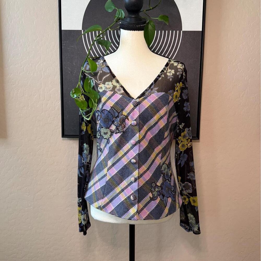 Y2K Plaid Floral Mesh Corset Top Long Sleeve Size 10